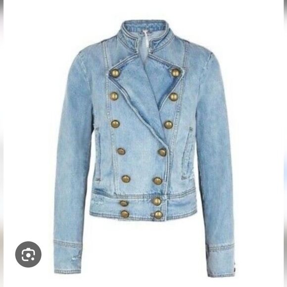 Free People Moto Double Breasted Denim Jacket. Country. Military.Coastal Cowgirl - Picture 6 of 14